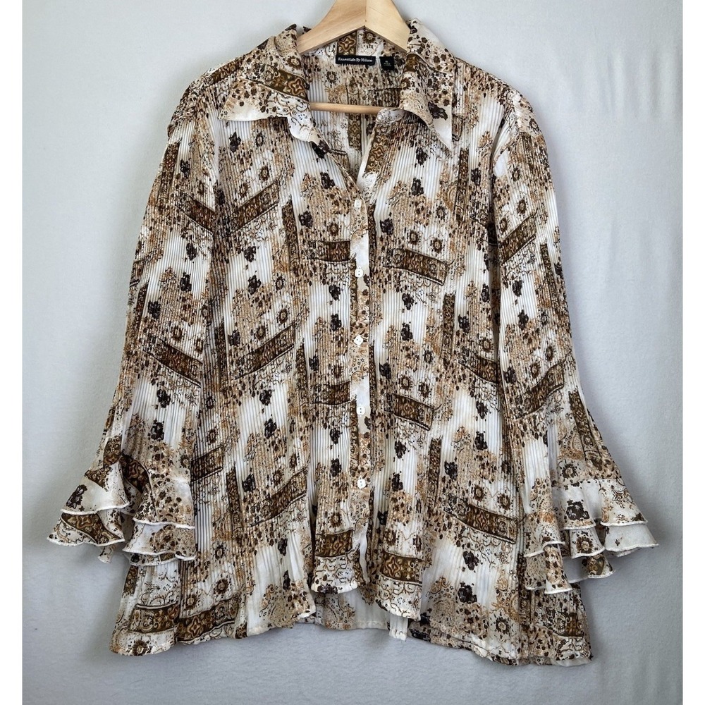 Essentials By Milano Top Womens Size XL  Pleated Bell Sleeve Button Up